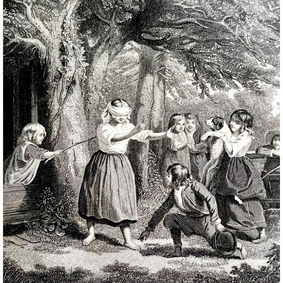 Children Playing On Farm Steel Engraving 1859 Victorian Blindfolded Art DWY5F - Picture 1 of 2